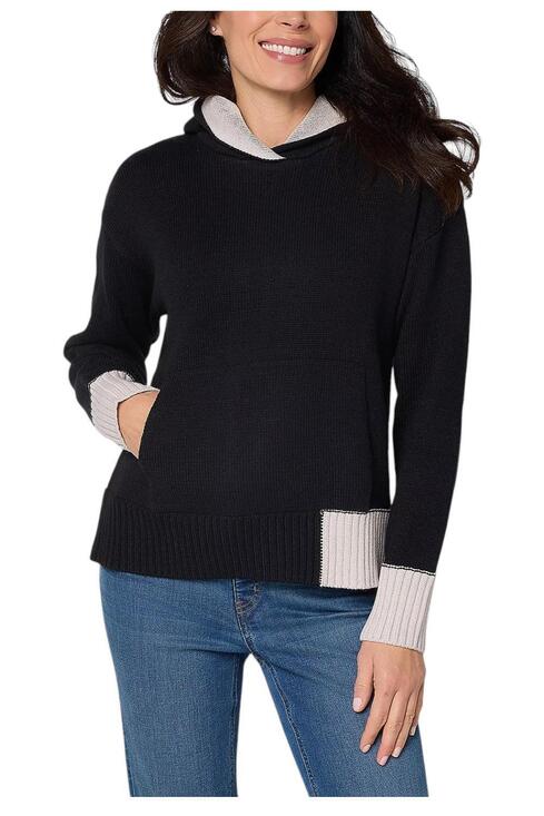 Peace Love World Tops - Peace Love World Women`s Color Block Hooded Sweater Blk - Regular